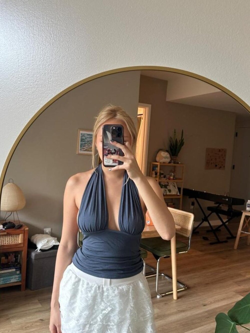 Navy halter crop top with ruched detailing